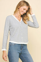 V-NECK BUTTON DOWN WOVEN COMBO TOP - 5831W: HEATHER GREY / SM