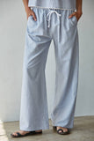 L8489B1 | Woven Cotton Linen Striped Wide Leg Pants: Blue White / M