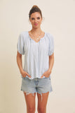 LIGHTWEIGHT STRIPE FLARE PEASANT BLOUSE WITH PUFF SLEEVES: SKY BLUE / S