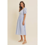 EMBROIDERED GINGHAM MIDI DRESS WITH PUFF SLEEVES: POWDER BLUE / S