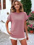 Striped Textured Round Neck Short Sleeve T-Shirt: White / Large 12-14