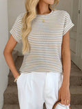 Striped Short Sleeve Knit Top: Beige / L