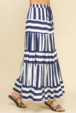 STRIPE TIERED MAXI SKIRT- 4257SE: Blue / S