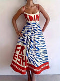 Ocean fish resort slip flared dress: Red / S