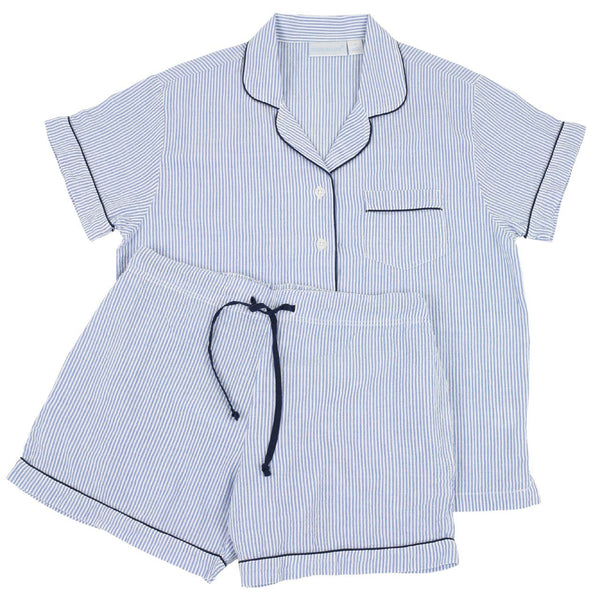 Blue Seersucker-Navy Short Sleeve Shorty Pajamas: XS