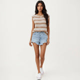 Sleeveless Striped Knit Top with Shoulder Button Detail and Relaxed Fit: Black / Medium 8-10