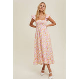 FLORAL RUFFLED MIDI DRESS / WL24-9542: PUNCH COMBO / M