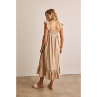 RUFFLE SLEEVE SQUARE NECK SMOCKED MIDI DRESS: S / TAN