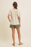 LIGHTWEIGHT STRIPE FLARE PEASANT BLOUSE WITH PUFF SLEEVES: SKY BLUE / M