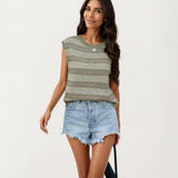 Sleeveless Striped Knit Top with Shoulder Button Detail and Relaxed Fit: Black / Small 4-6