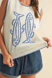 IT4194 FISH PRINTED SLEEVELESS SWEATER TOP: CREAM/BLUE / M