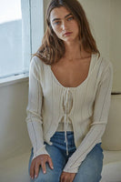 W1473 | Front Tie Strap Long Sleeve Cardigan Top: Cream / L