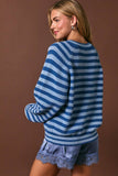 RAGLAN LONG SLEEVE CREW NECK STRIPED SWEATER CARDIGAN: BLUE-LT BLUE STRIPE / L