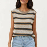 Sleeveless Striped Knit Top with Shoulder Button Detail and Relaxed Fit: Black / Medium 8-10
