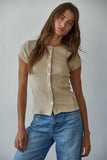 RJ3493 | Knit Ribbed Buttondown Short Sleeve Cardigan Top: Beige / S