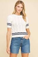 STRIPE DETAILED CABLE SWEATER - 5991W: OFF WHITE/NAVY / L