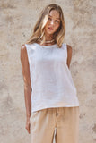 Minimalist Keyhole Back Linen Sleeveless Top: WHITE / S-M-L:2-2-2