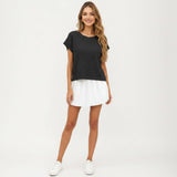 Short Sleeve Textured Knit Top with Crew Neck Ribbed Trim and Relaxed Fit: Light Beige / Large 12-14