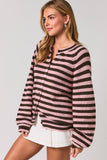 RAGLAN LONG SLEEVE CREW NECK STRIPED SWEATER CARDIGAN: BLUE-LT BLUE STRIPE / L