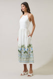 Senara Floral Triny Halter Neck Midi Dress: WHT-GRN-MUL / S