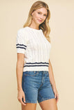 STRIPE DETAILED CABLE SWEATER - 5991W: OFF WHITE/NAVY / M