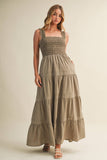 STRIPED SMOCKED-BODICE TIERED DRESS: DENIM / M