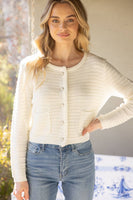 34350 Pearl Button Double Pocket Knit Cardigan: Ivory / S