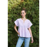DROP SHOULDER SPLIT NECK STRIPE PEPLUM TOP: CORAL / S