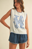 IT4194 FISH PRINTED SLEEVELESS SWEATER TOP: CREAM/BLUE / M