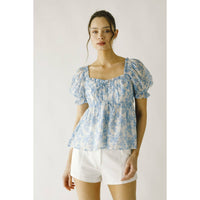 JT6166- TOILE FLORAL PRINT BABY DOLL TOP: WHITE BLUE FLORAL / L