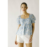 JT6166- TOILE FLORAL PRINT BABY DOLL TOP: WHITE BLUE FLORAL / L