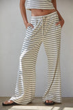 L8907B | Knit Striped Waist Elastic Band Tie Flare Pants : Cream Black / M