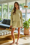 L8797T | Knit Cotton Striped Mock Neck Long Sleeve : Blue White / L