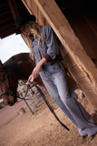 Washed Denim Pants with Faux Suede Side Line Detail and Wais: Denim / M