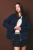 OVERSIZED WASHED BARN JACKET WITH LEATHER COLLAR: NAVY-DK BROWN / L