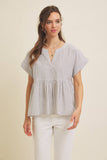 DROP SHOULDER SPLIT NECK STRIPE PEPLUM TOP: CORAL / M