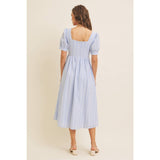 EMBROIDERED GINGHAM MIDI DRESS WITH PUFF SLEEVES: POWDER BLUE / L