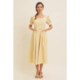 EMBROIDERED GINGHAM MIDI DRESS WITH PUFF SLEEVES: POWDER BLUE / L