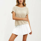 Short Sleeve Textured Knit Top with Crew Neck Ribbed Trim and Relaxed Fit: Light Beige / XL 16-18
