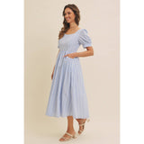 EMBROIDERED GINGHAM MIDI DRESS WITH PUFF SLEEVES: POWDER BLUE / M