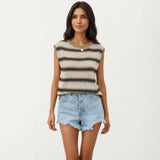 Sleeveless Striped Knit Top with Shoulder Button Detail and Relaxed Fit: Black / Small 4-6