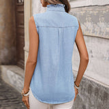 Denim Sleeveless Button Down Shirt: Blue / S