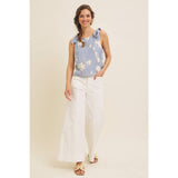 ROMANTIC EMBROIDERY BLOUSE TOP WITH BOW STRAPS: DUSTY BLUE / L