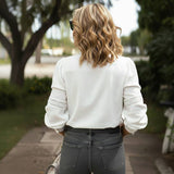 Lace Trim Button-Front Long Sleeve Blouse: White / XL