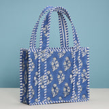 Blue Quilted Floral Mini Tote Bag – Striped Handle Fabric Lunch, Gift & Everyday Carry Bag: BL / ONE