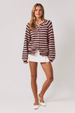 RAGLAN LONG SLEEVE CREW NECK STRIPED SWEATER CARDIGAN: BLUE-LT BLUE STRIPE / M