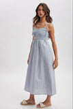 STRIPED SELF SHOULDER TIE MIDI DRESS / WL25-11446: BLUE/WHITE / L
