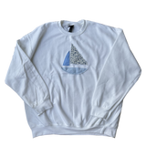 Handmade Patchwork Sailboat Gildan Crewneck Sweatshirt: White / M