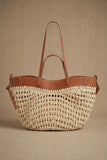 Woven Raffia & Leather Trim Double Strap Tote: Tan