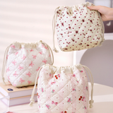 Patterned Quilted Drawstring Cosmetic Bag: Cherry